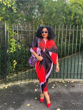 Bold Abstract Pleated Dress in Lavender, Red & Black